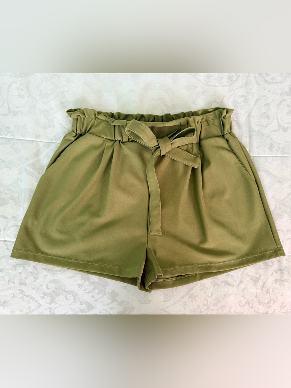 High-Waist Olive Paperbag Shorts with Tie Belt